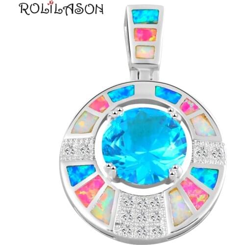 ROLILASON High Quality Fantastic Color Fire Opal Silver Stamped Blue Zircon Fashion Jewelry Necklace Pendants for Women OPS612