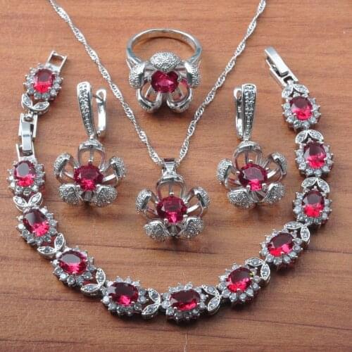 Wedding Jewelry Sets For Women Bridal Jewelry Rose Red Zirconia Earrings Rings Bracelet Necklace Set Party Gift JS0615