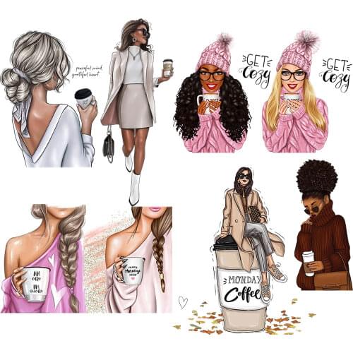 Fashion Coffee Girl Thermal Sticker Patches For Clothing Woman Stripes Clothes Iron On Patches Appliques DIY Patch Iron Stickers