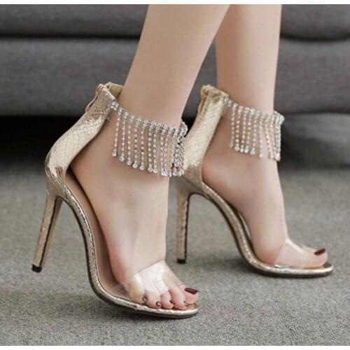 2020 Women Summer 11cm High Heels Stiletto Bright Glitter Sandals Lady Fashion Rome Sexy Pumps Female Crystal Glossy Strap Shoes
