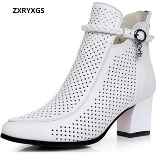 2021 New Spring Women Shoes Fashion Boots Hollow Genuine Leather Shoes High Heels White Women Boots Summer Sandals banquet Boots