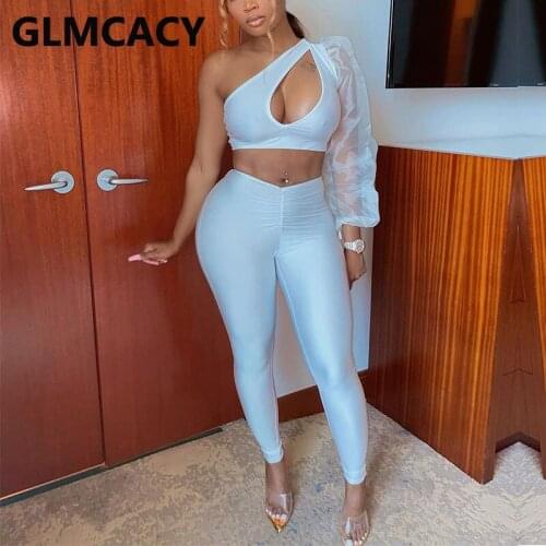 Women One Shoulder Puff Sleeve Crop Top and Skinng Pants Set Two Piece White Streetwear Sexy Party Clubwear