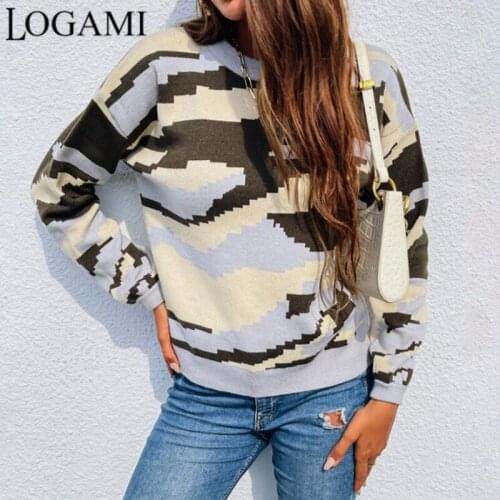 LOGAMI Leopard Camouflage Print Sweater Womens Round Neck Pullover Autumn Winter Sweater Top