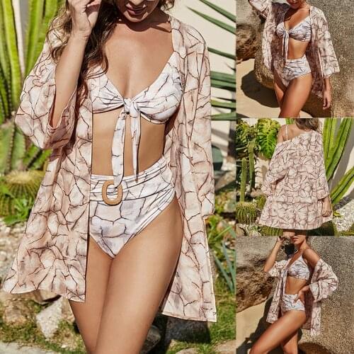 2021 Bikini Cover-up Women Long-sleeved Blouse with Chic Print Loose Fit Casual Style Summer Clothing