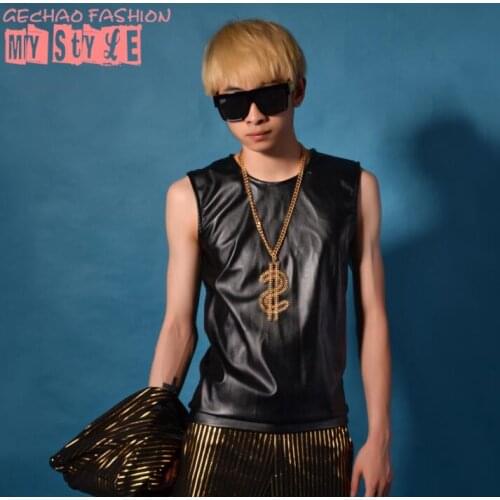 Men vest PU clothing splice black camiseta tirantes hombre personalized singer dance stage street star style dress