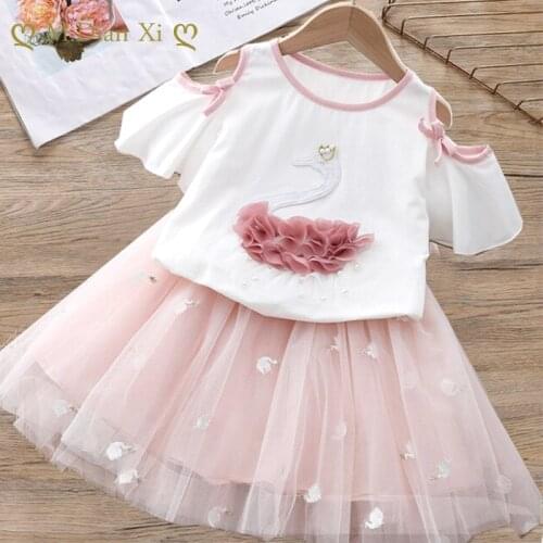 Children Unicorn Suit 2020 Summer Wear Girls Set Leaky Shoulder Short Sleeve T Shirt + Yarn Tutu Skirt Twinset Baby Clothes