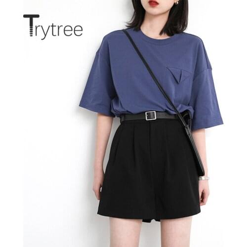 Trytree 2020 Summer Women Casual T-shirt O-neck Solid Loose T-shirt Fashion Half Sleeve Fake pocket Office Lady T-shirt Tops