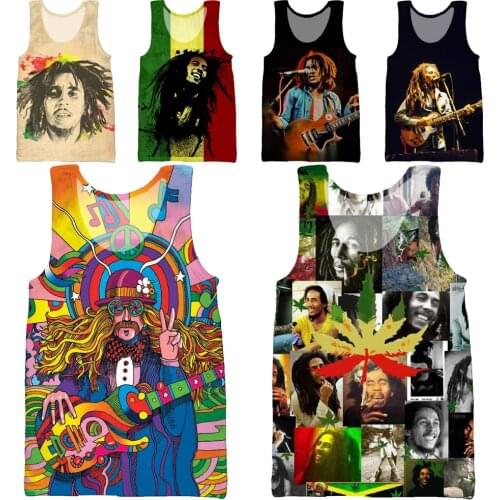 HOXIXIB Mens Tee 3D Print Hippie Singer Bob Marley Vest Swim Fitness Men Weed Tank Tops Breathable Undershirt Unisex Streetwear