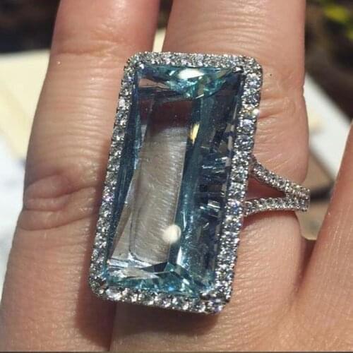 Exquisite Fashion Women Jewelry Blue Gemstones Birthstone Bride Princess Wedding Ring Engagement Cocktail Ring Size 6-10