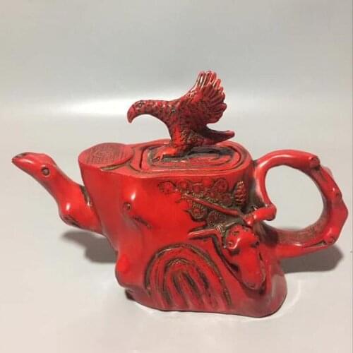 Chinese Handmade Red Coral Eagle Flying Bird Water Pot,teapot, Wine Pot, Animal Statue Success Wealth Home Decoration
