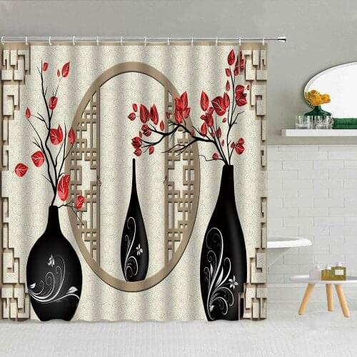 Classic Shower Curtain Chinese Style Abstract Red Flower Modern Minimalist Pattern Polyester Washable Home Decor Bathroom Screen