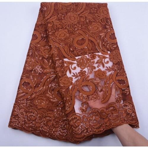 Brown African Net Lace Fabric 2020 High Quality Lace Nigerian Wedding Lace Fabrics With Sequins French Tulle Lace Material S1881