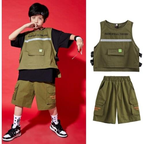 Street Dance Outfits ChildrenS Army Green Functional Vest Suit Boys Hip Hop Dance Costumes Stage Performance Clothing DN9201