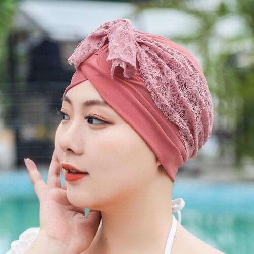 Lace Bow-knot Swimming Caps Women Adult Long Hair Swim Hats Stretch Hat Drape Bathing Fashion Stretch Sports Seaside Cover Up