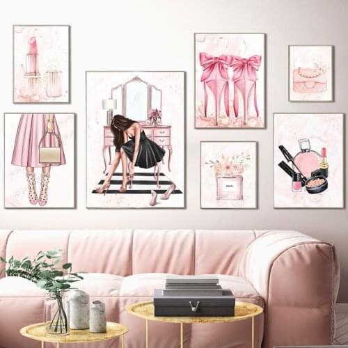 Fashion Girl High Heels Lipstick Perfume Flower Nordic Posters And Prints Wall Art Canvas Painting Wall Pictures For Living Room