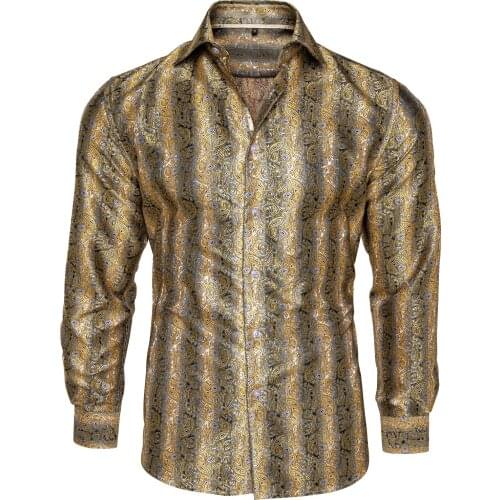 Mens Yellow Paisley Silk Shirts Casual Long Sleeve Mens Shirts Business Formal Slim Fit Male Social Dress Shirts DiBanGu