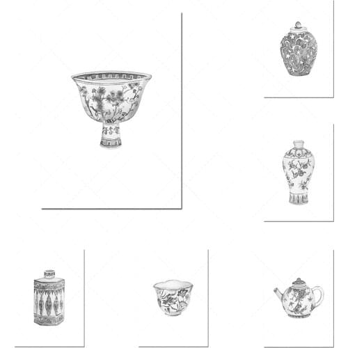 Watercolor Chinese style printable art set of 9 prints, black and white Chinese style art prints, black and white porcelain post