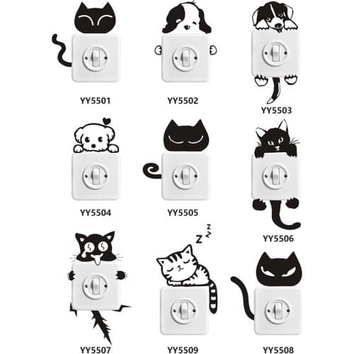Cute Cartoon Animals Cat Dog DIY Living Room kitchen Switch Sticker Waterproof Self-Adhesive Wall Decals Home Decor PVC 14*6cm