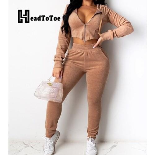 Solid Zip Elastic Waist Casual Sporty Two Piece Set Women Suede Long Sleeve Hooded Slim Two Piece Outfits Woman