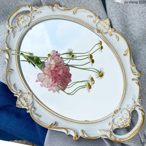 Oval Resin Tray Retro White Mirror Glass Skin Care Bathroom Supplies Tray French Retro Cosmetics Jewelry Storage Home Decoration
