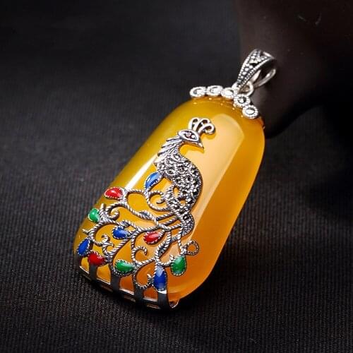 MetJakt Natural Yellow Chalcedony Pendant with Zircon Solid 925 Sterling Silver Peacock Pendant for Sweater Chain Fine Jewelry