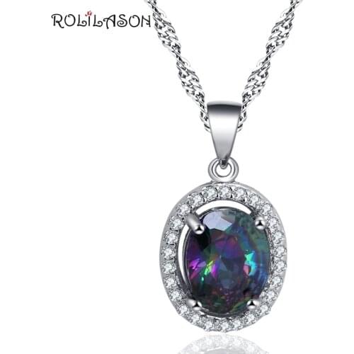 ROLILASON Fashion Rainbow Zircon Crystal Design silver color Necklace Pendant Romantic Valentines Day Gift LN681