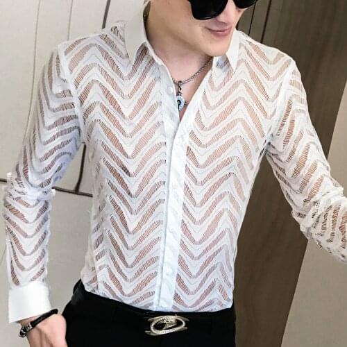 Summer Short Sleeve Shirt Camisa Hombre Transparent Shirt Stitching Stripe Shirt See Through Shirt Men Chemise Homme Marque Luxe