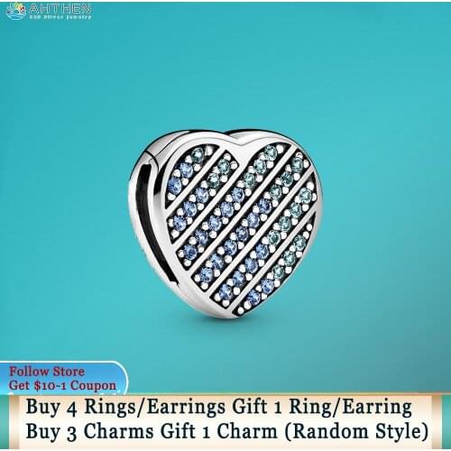 Ahthen 925 Sterling Silver Bead Blue Pavé Heart Clip Charm fit Original Pandora Bracelets for Women DIY Jewelry Making
