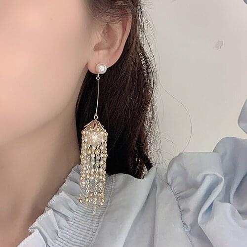 SHIFEEL 2021 Korea New fashion S925 silver Beatles Pearls Tassel Chain Long Drop Earrings Women Temperament Hyperbole Jewelry