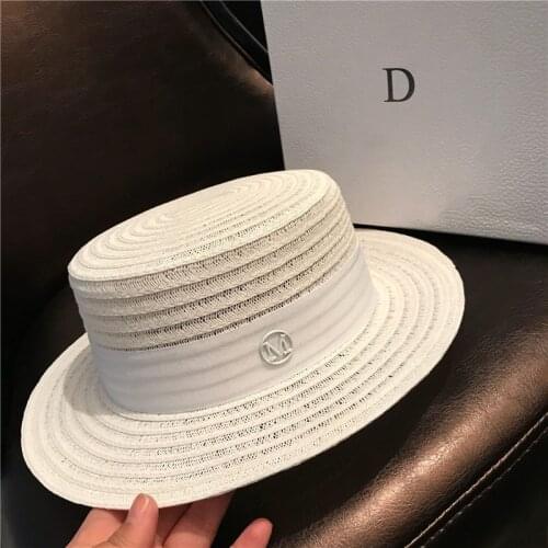 2021 Letter Flat Top Straw Hat Ribbon Boater Beach Hat Womens Summer Wide Brim Fedora M Panama Straw Travel Sun Cap
