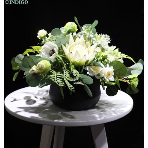 Green Centerpiece Protea Cynaroides Bonsai With Pot Tea Rose Artificial Table Flower Arrangment Party Event Decoration INDIGO