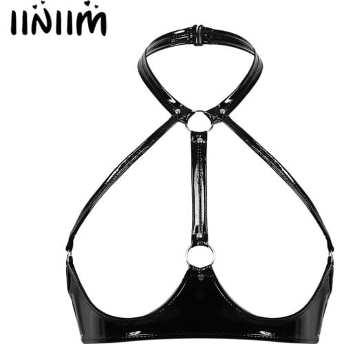 Womens Sissy Latex Clubwear Nipples Open Bras Crop Tops Patent Leather Backless Wire-free Unlined Lingerie Exotic Bra Top