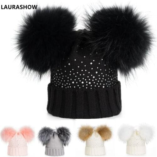 LAURASHOW Winter Baby Real Mink Fur Ball Beanie Thick Knit Hat Kids Warm Raccoon Fur Pom Poms Skullies Beanies Wool Cap