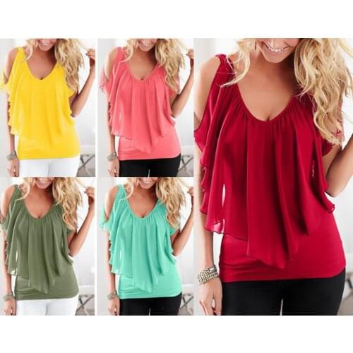 Womens Summer V Neck Ruffle Sleeve Cold Shoulder Chiffon Loose Top Shirts