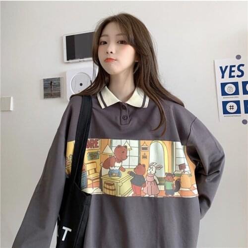 Women Korean Style Sweatshirts Cartoon Bear Printed Spring Autumn Basic Loose Pullover Button Polo Collar Clothes Vintage Tops