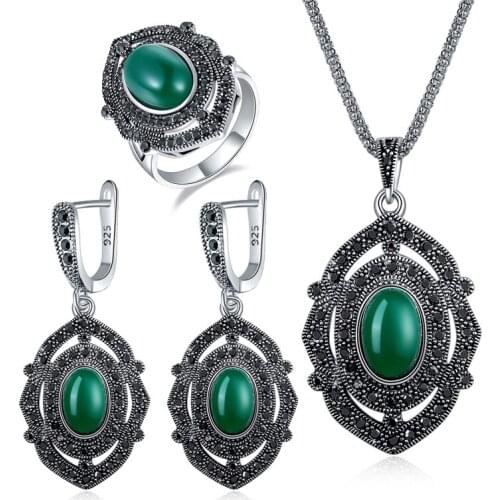 Ajojewel Individuality Silver Color Vintage Green Resin Jewelry Set Full Black Rhinestone Paved Water Drop Earrings