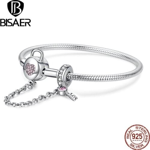 BISAER 925 Sterling Silver Heart Shape Lock Clasp Safety Chain Femme Silver Bracelets for Women Luxury Jewelry Pulseira ECB143