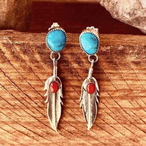 Vintage 925 Silver Natural Gemstone Turquoise Feather Dangle Drop Earrings Wedding Engagement Gift Women Jewelry