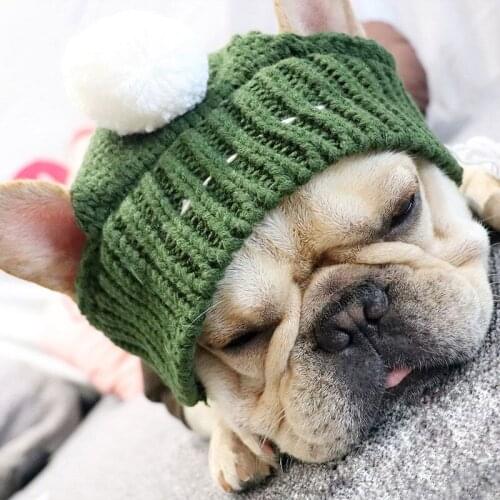 Winter Dog Cap Christmas Pet Wool Hats Warm Windproof Puppy Hat With Ball Headwear for Small Dogs French Bulldog Cap Accessories