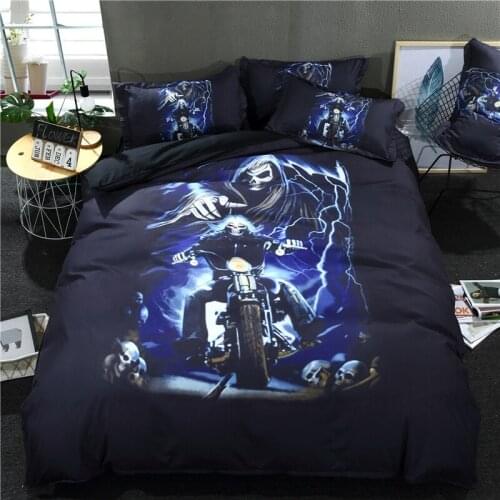 3D Black Motorcycle Skull Bedding Set 3/4pcs Twin Queen King Flashing Lightning Skeleton Bedclothes Duvet Cover Set Bed Linen