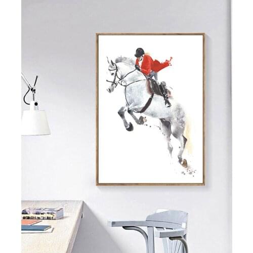 Watercolor Animals White Horse Racing Posters Abstract Red Art Canvas Painting Print Wall Picture For Living Room Home Decor