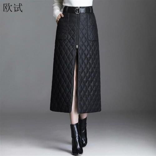 Plus Size Plaid Long Skirt 2020 Korean Winter Warm Skirts for Women A-Line Zipper Black Skirt Down Cotton with Belt Faldas Mujer
