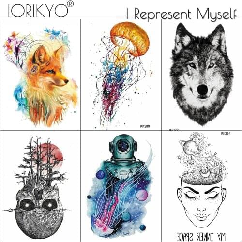 IORIKYO Flash Civet Cat Spaceman Tattoo Galaxy Cosmonaut Temporary Tattoo Stickers Watercolor 3D Jellyfish Waterproof Tatoo Arm