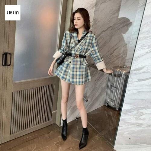 Checkered jacket Autumn Women Jackets Blazer Work Checkered Long Sleeve Loose Office Wear Brown Gray Plaid Outwear long