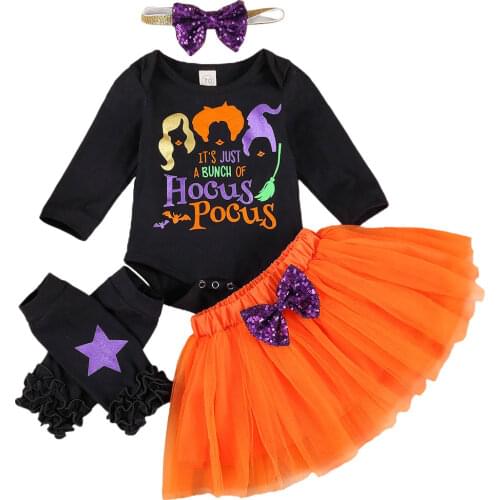 Baby Girls Clothes 4Pcs Set Black Long Sleeve Round Collar Letters and Bat Printed Patterns Romper + Orange Skirt + Ankle Socks