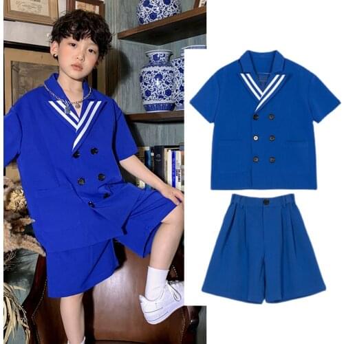 ChildrenS Navy Blue Short-Sleeved Shorts Suit Boys Girls Jazz Dance Costumes College Style Hip Hop Dance Rave Clothes DQS7592