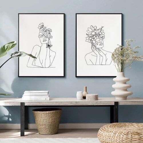 Minimalist Figures Line Art Sexy Woman With Plant Flower Wall Canvas Paintings Drawing Posters Prints Decoration for Livingroom