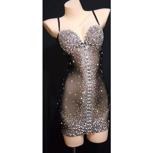Fashion Sparkly Rhinestones Pearls Black Mesh Dress Birthday Prom Celebrate Dress Bar Evening Women Singer Dancer Stretch Dress