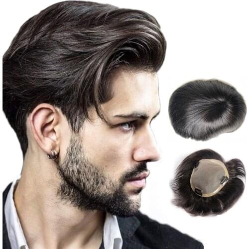 BYMC Human Hair Mens Toupee Mono Toupee Natural Hairline Lace With PU Replacement System With Clips