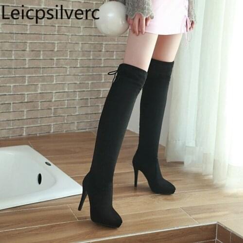 Winter new style fashion Flock Solid Pointed Lace-up Fine heel High heel Womens Over the knee boots plus size 34-43